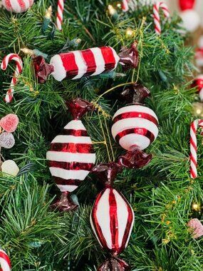 Retro Glass Candy Christmas Ornaments Set Red & White Striped Peppermint